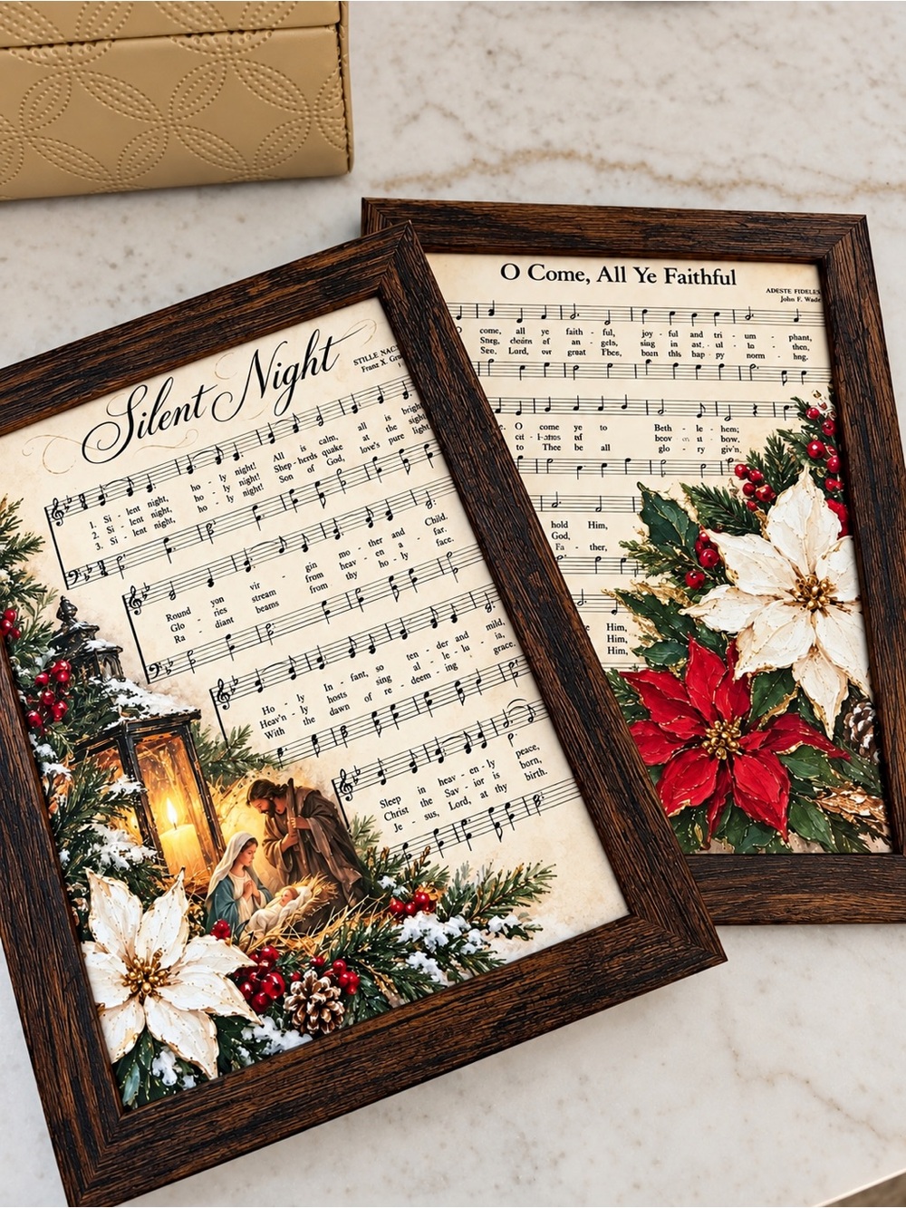 Framed Holiday Sheet Music Holiday Wall Art - Brown Rustic  5x7
